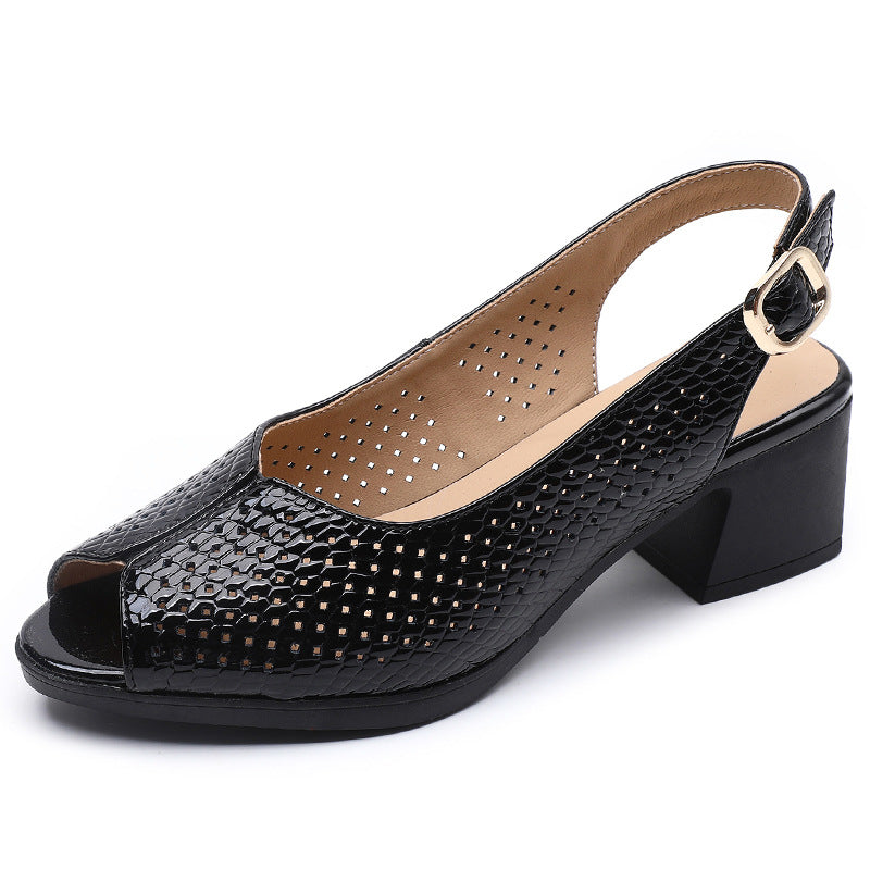 Women's Peep Toe Block Heel Pumps - Perforated Design - Elegant Finish