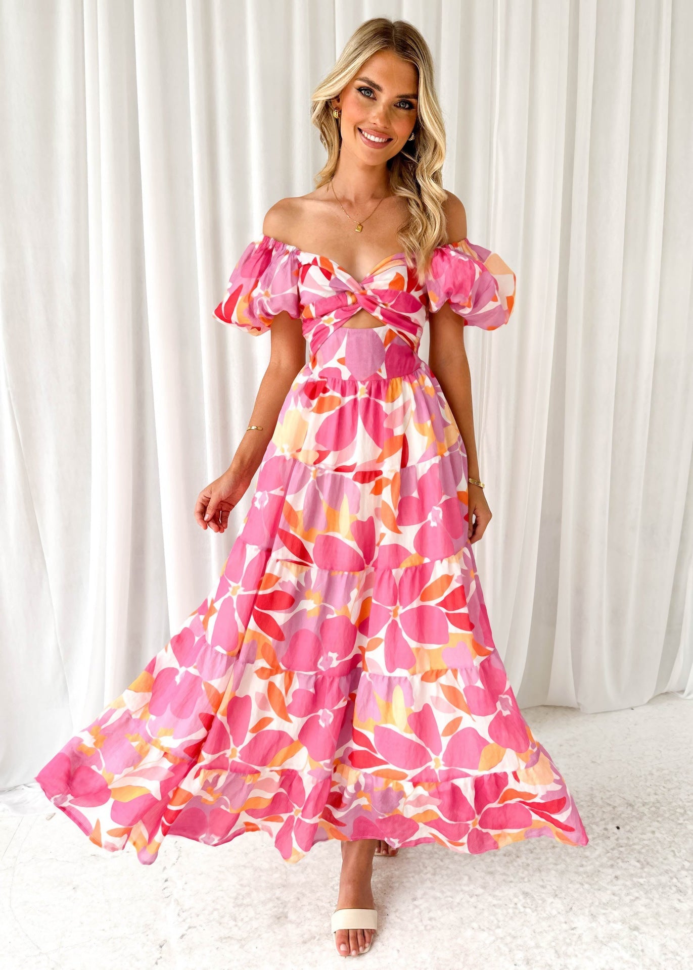Printed Off-Shoulder Smocked Waist Maxi Dress
