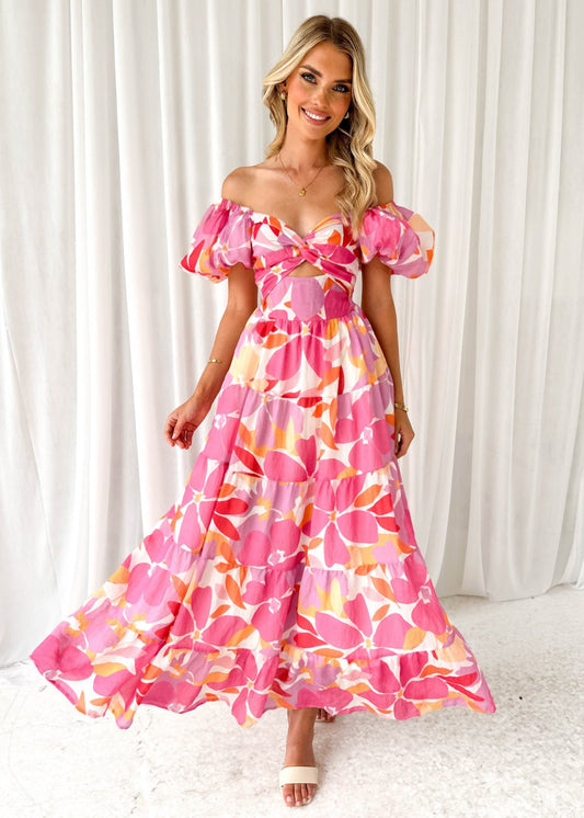 Printed Off-Shoulder Smocked Waist Maxi Dress