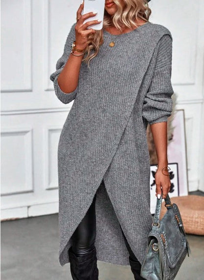 Women's Knitted Sweater Dress - Wrap Front - Asymmetric Hem - Long Sleeve Cozy Fit
