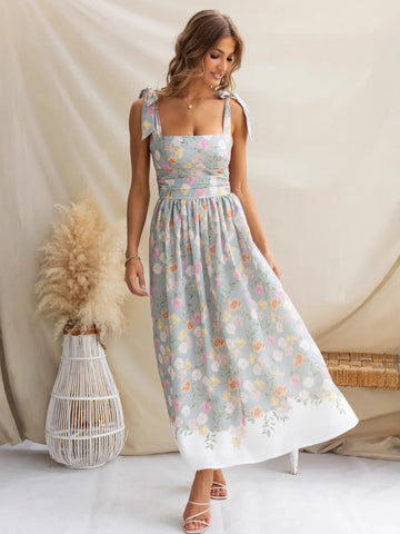 Women’s Sundress – Slim Fit – A-Line Midi – Floral Print – Bow Strap – Square Neckline
