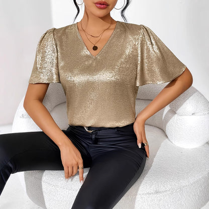 Women's Shimmer V-Neck Top - Loose Fit - Puff Sleeves - Casual Chic