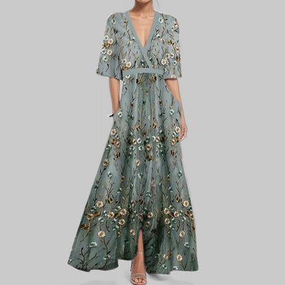 Women’s Maxi Dress – V-Neck with Trim – A-Line Fit – Lace-Up Waist – Printed Skirt – Pockets
