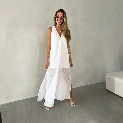 Women’s Long Dress – Lace Fabric – Sleeveless V-Neck – Flowy Fit with Front Slit
