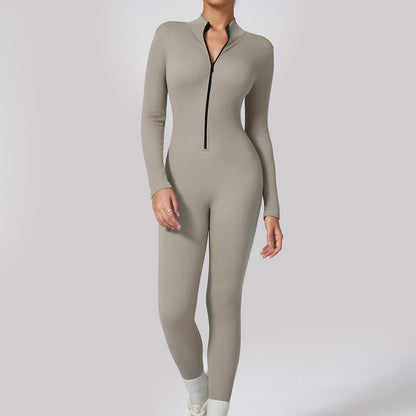 Women's Jumpsuit - Long Sleeve - High Neck - Front Zipper - Stretch Fit