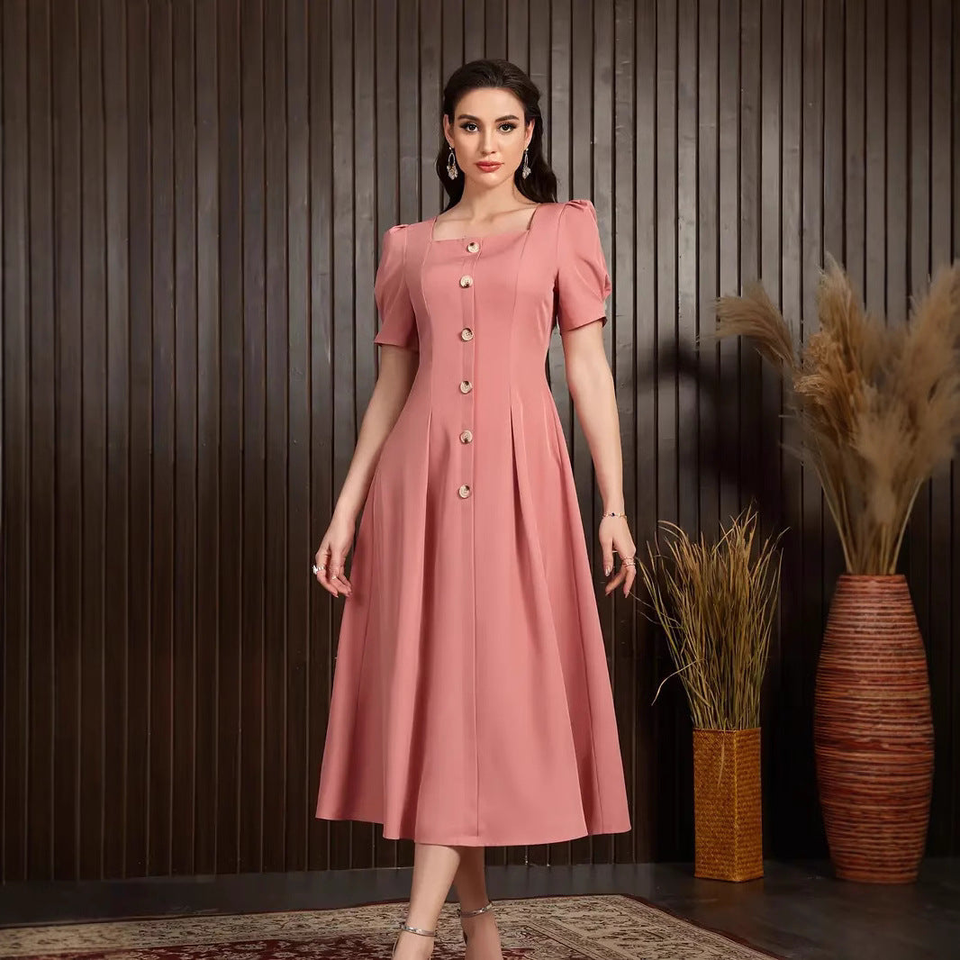 Women’s Knitted Midi Dress – Slim Fit – A-Line – Puff Sleeve – Button Front