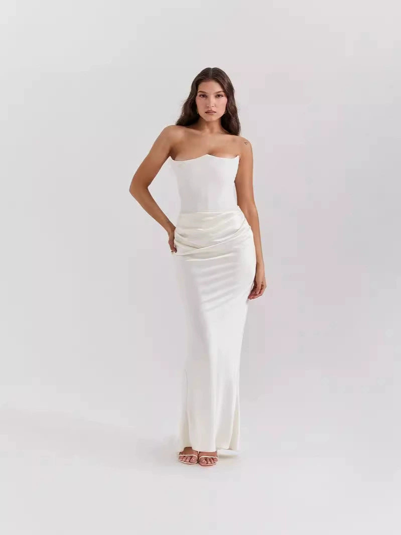 Women’s Strapless Maxi Dress – Corset Bodice – Satin Finish – Slim Fit – Elegant Gown