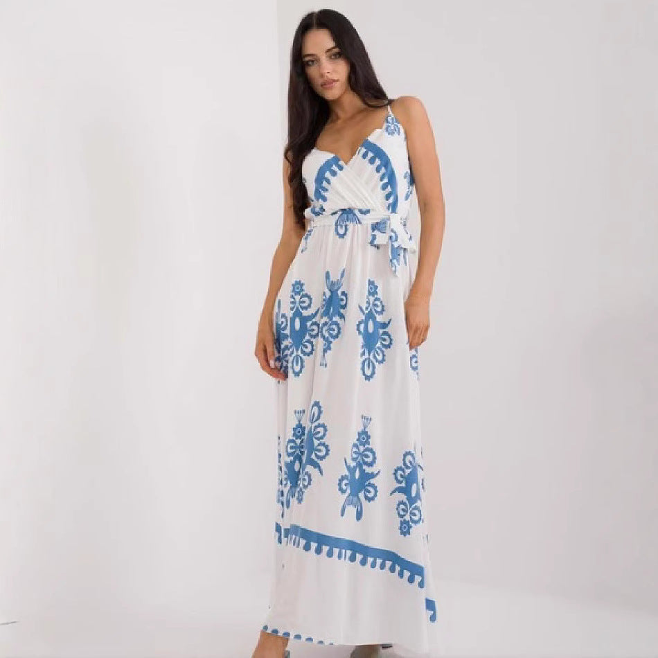 Women’s Maxi Dress – Lightweight Cotton – Sleeveless V-Neck – Empire Waist – Printed