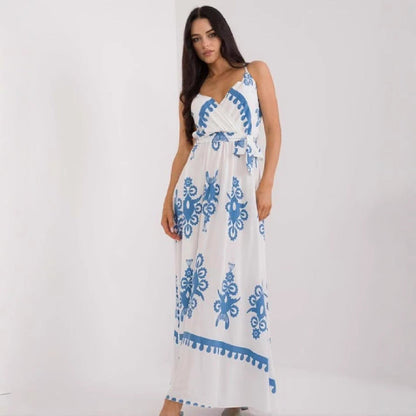 Women’s Maxi Dress – Lightweight Cotton – Sleeveless V-Neck – Empire Waist – Printed