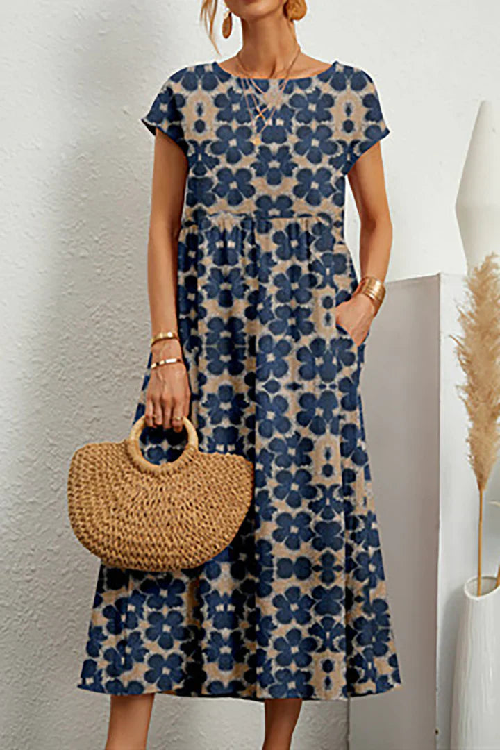 Women's Midi Dress - Floral Print - Short Sleeve - Loose Fit - Lightweight Fabric