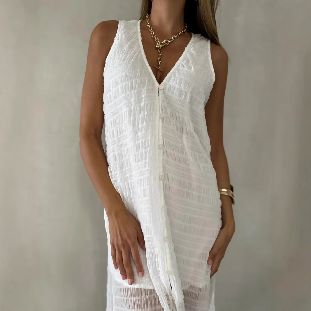 Women’s Long Dress – Lace Fabric – Sleeveless V-Neck – Flowy Fit with Front Slit