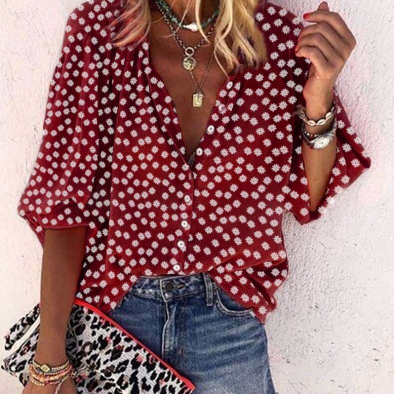 Women's Blouse - Polka Dot Pattern - V-Neck - 3/4 Sleeve - Loose Fit Button-Up