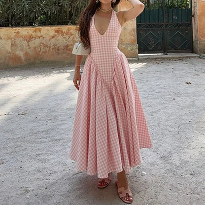 Women’s Halter Neck Dress – Slim Fit – A-Line Midi – Pleated Skirt Cotton Blend