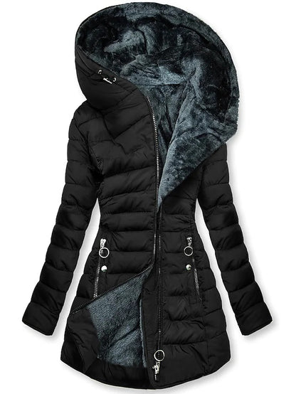 Women’s Puffer Jacket – Faux Fur Lined Hood – Quilted Mid-Thigh – Fitted Warm Style