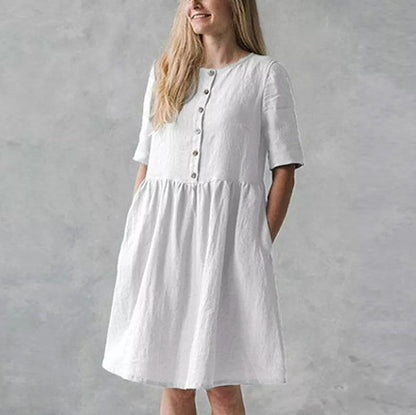 Women’s Midi Dress – Cotton Linen Blend – Relaxed Fit – Button Front with Pockets