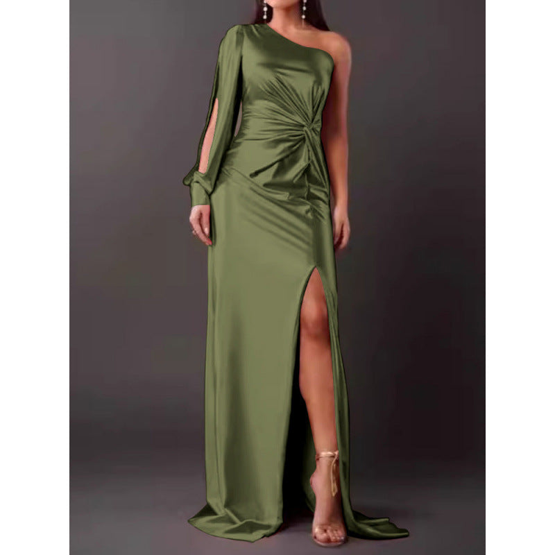 Women’s Maxi Dress – One Shoulder – Satin Finish – High Slit – Ruched Slim Fit