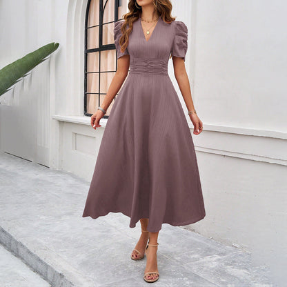 Women’s Midi Dress – Fit and Flare – V-Neck – Puff Sleeve – Ruched Waist Elegant Style
