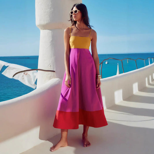 Color Block Cotton Blend A-Line Sundress