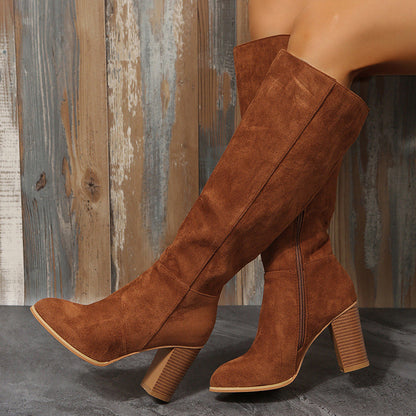 Women’s Knee-High Boots - Faux Suede - Chunky Block Heel - Side Zipper Closure