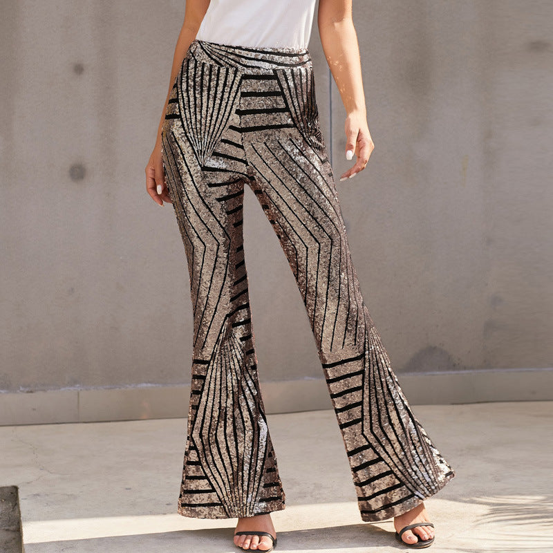 Women’s Pants – High Waist – Sequin Geometric Detail – Wide Leg – Full Length Fit