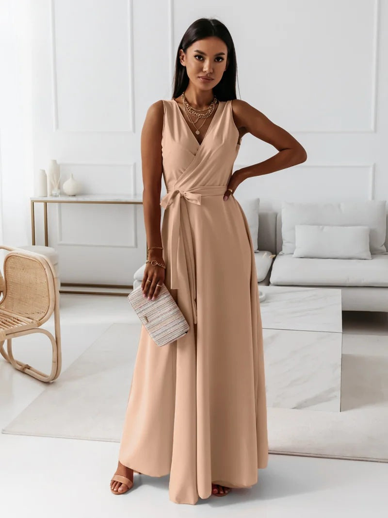 Women's Evening Gown - Sleeveless V-Neck - Wrap-Style Floor-Length Elegant Dress