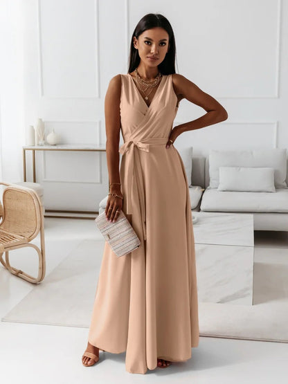 Women's Evening Gown - Sleeveless V-Neck - Wrap-Style Floor-Length Elegant Dress