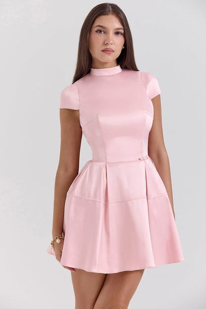 Women’s Mini Dress – Satin Finish – High Neck – Sleeveless Flared Pleated A-Line
