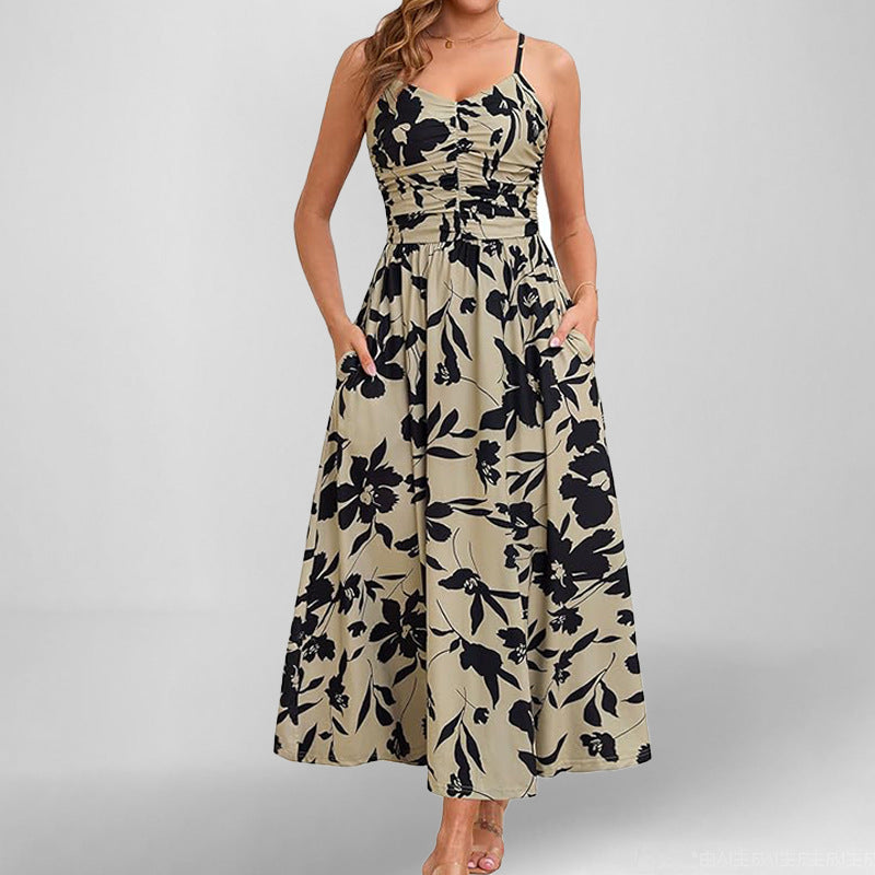 Women’s Sundress – Cotton Blend – A-Line Midi – Spaghetti Straps – Floral Print – Pockets