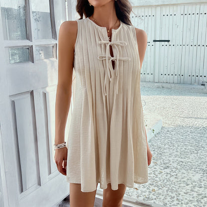 Women’s Sleeveless Dress – Relaxed Fit – Tie Neck – Pleated Front – Above Knee Length