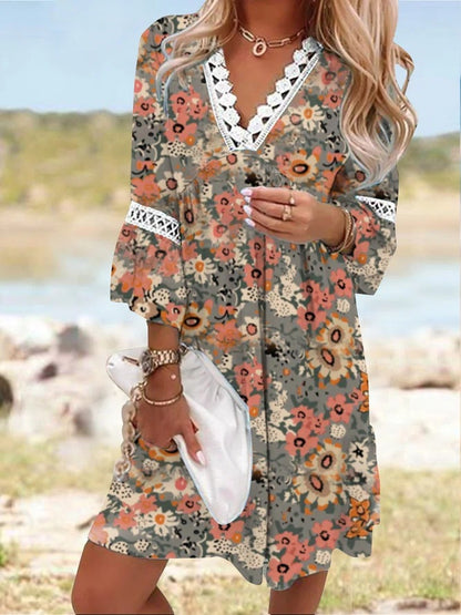 Women's Floral Dress - Loose Fit - V-Neck Lace Detail - Three-Quarter Sleeve Flowy Design