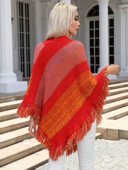 Women’s Cape Shawl Coat – Wool Blend – Oversized Fit – V-Neck – Tassel Hem – Open Front