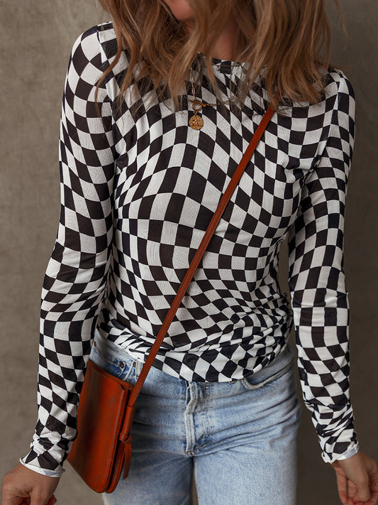 Slim Stretch Fit Plaid Print Top 