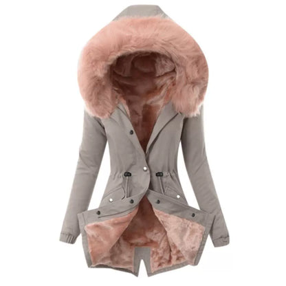 Women’s Jacket – Slim Fit – Plush-Lined Hood – Adjustable Waist – Mid-Length – Button Front