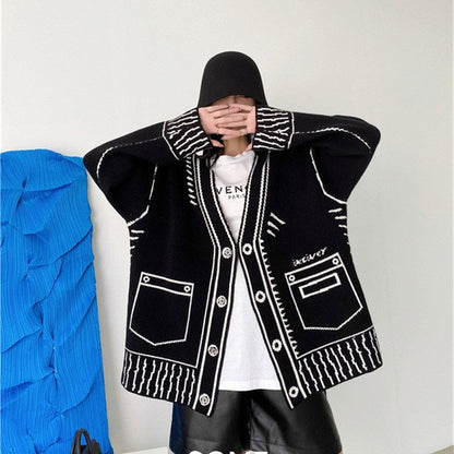 Women's black and white knitted loose slouchy cardigan