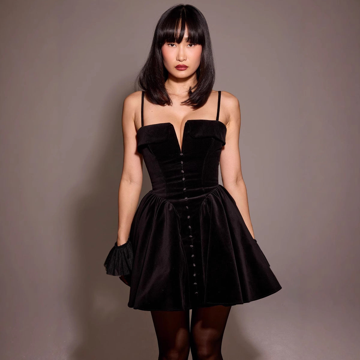 Women’s Mini Dress – Velvet – V-Neck A-Line – Decorative Buttons – Thin Straps