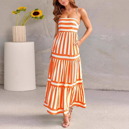 Women’s Sundress – Lightweight Cotton – A-Line Fit – Tiered Striped Full Length