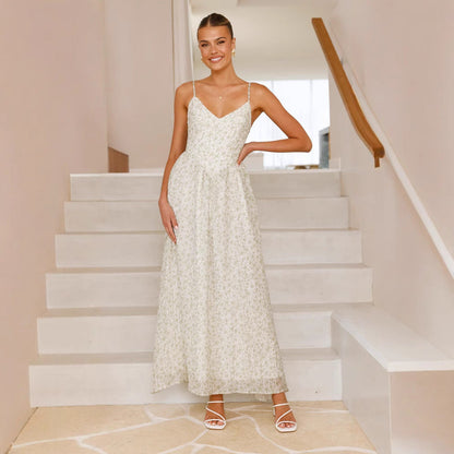 Women’s Maxi Dress – V-Neck Sleeveless – Floral Print – Flared Skirt – Back Bow Tie