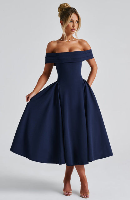 Women’s Midi Dress – Off Shoulder – A-Line Fit – Structured Bodice – Formal Wear