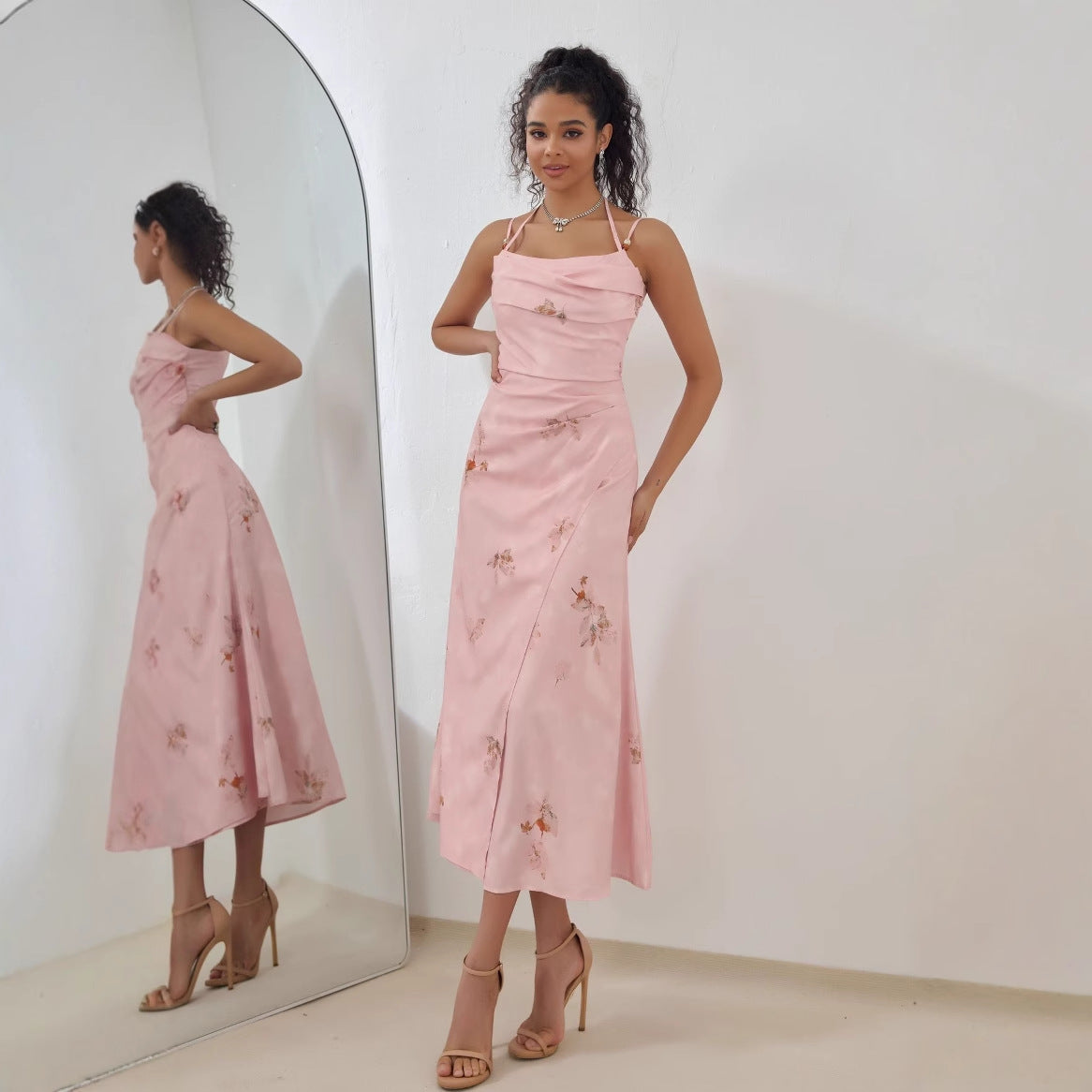Satin Feel Strappy A-Line Midi Dress