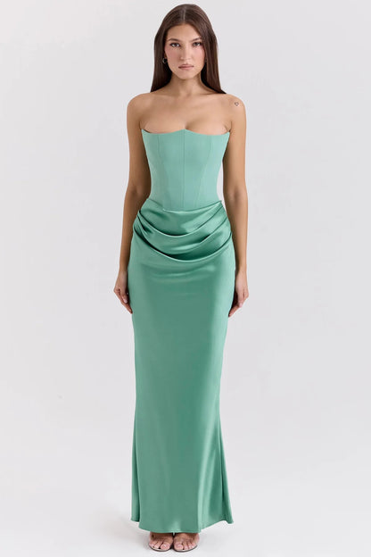 Women’s Strapless Maxi Dress – Corset Bodice – Satin Finish – Slim Fit – Elegant Gown