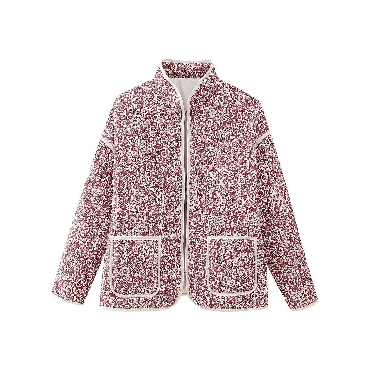 Isla Quilted Jacket | Floral Pattern Band Collar Hip-Length Jacket