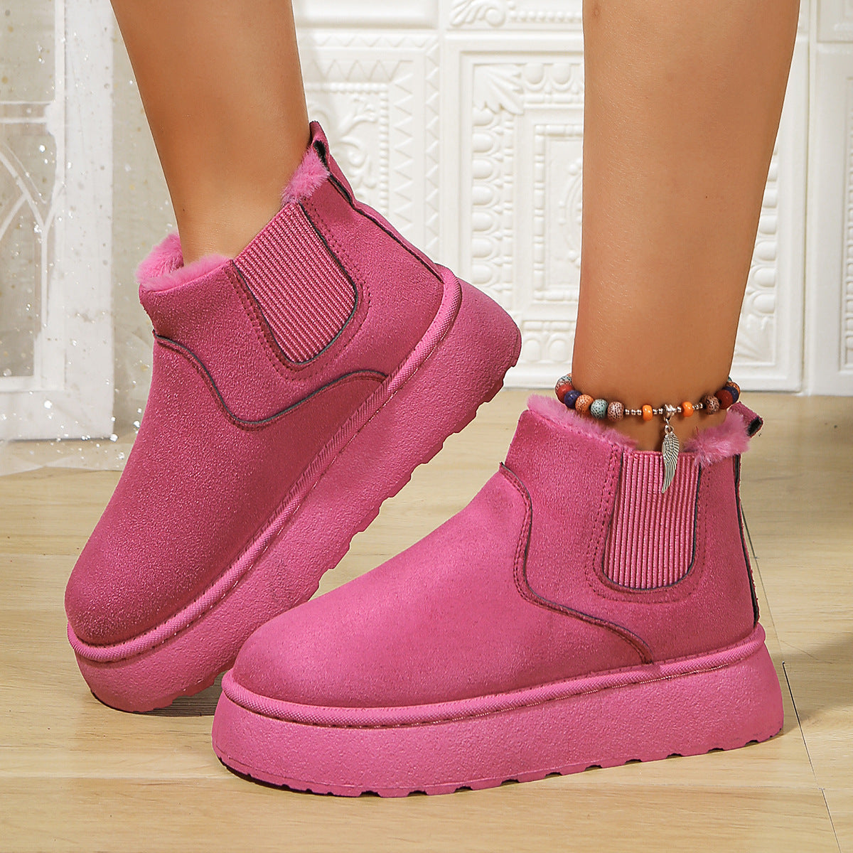 Slip-On Faux Suede Faux Fur-Lined Ankle Boots