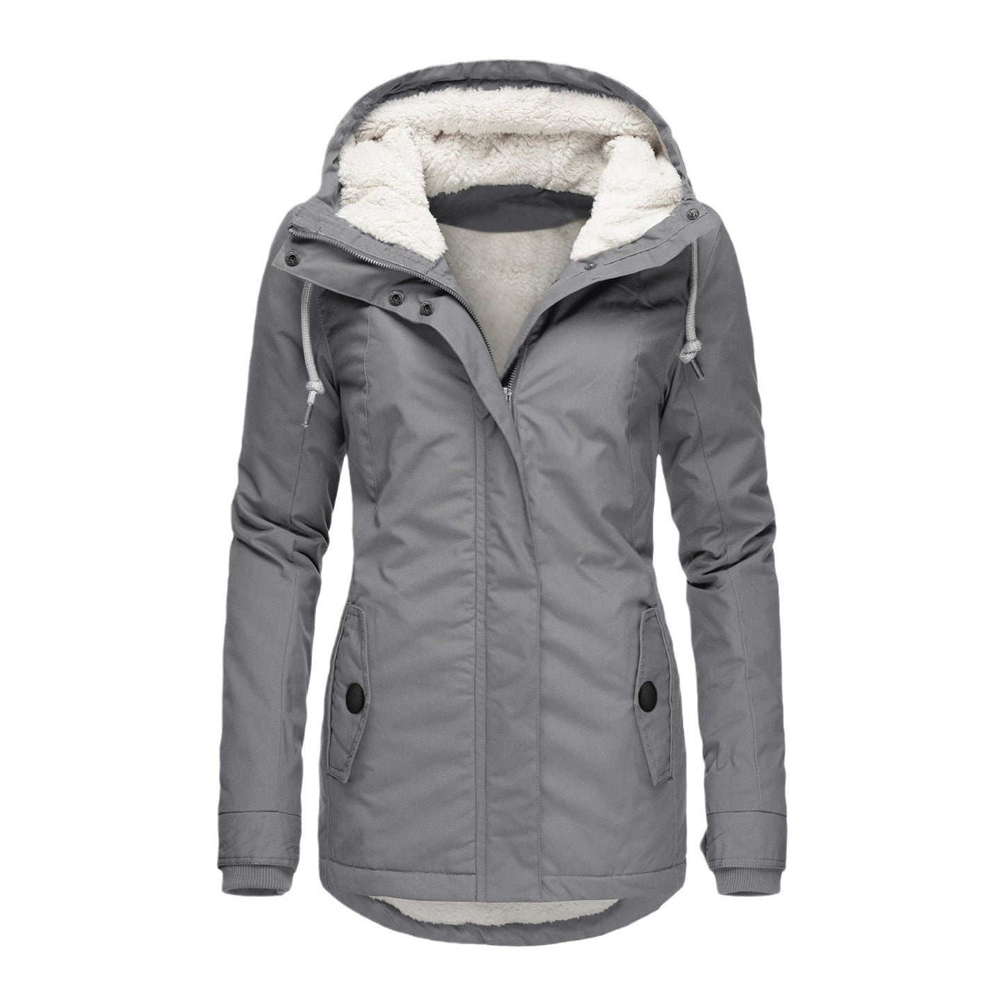 Women's mid-length fleece-lined winter parka with hood