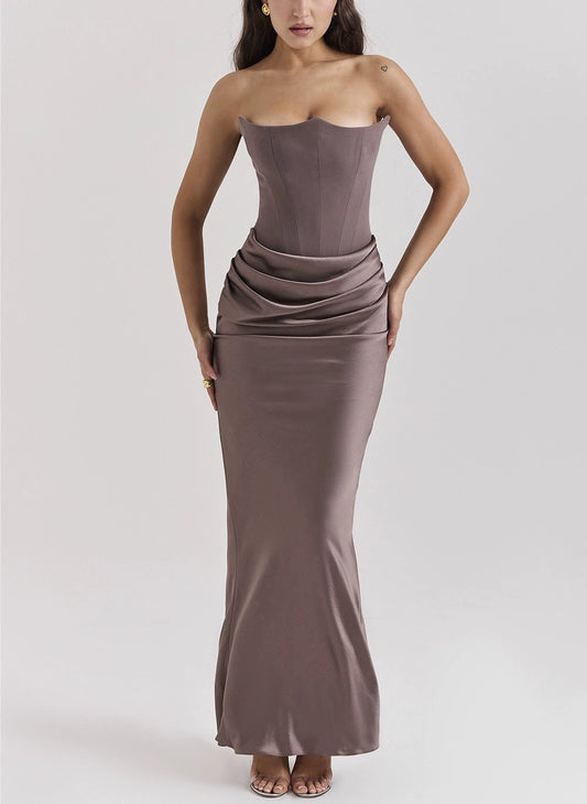 Satin Corset Bodice Strapless Maxi Dress