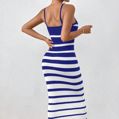 Women’s Bodycon Dress – Slim Fit – Knit Fabric – Spaghetti Strap – Striped Midi Length