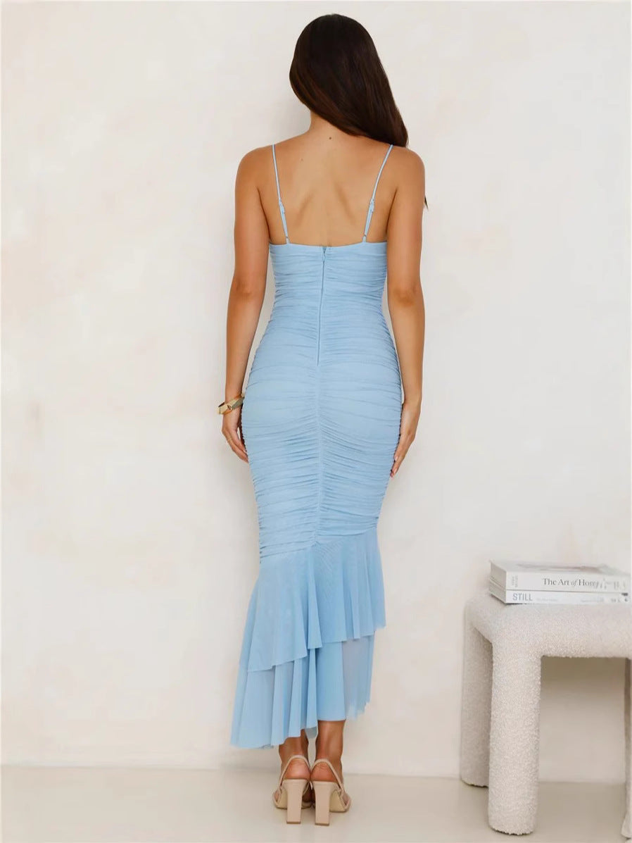Women’s Spaghetti Strap Dress – Slim Fit – Ruched – Floral Appliqué – Ruffle Hem