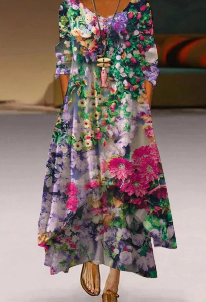 Women's Maxi Dress - Flowy Ankle-Length - 3/4 Sleeve - Round Neck - Artistic Floral Print