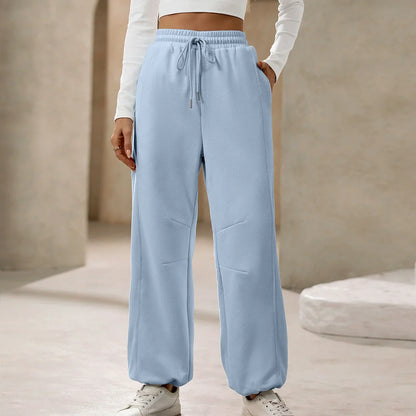 Women’s Casual Pants – Relaxed Fit – High Waist Drawstring – Cotton Feel – Full Length