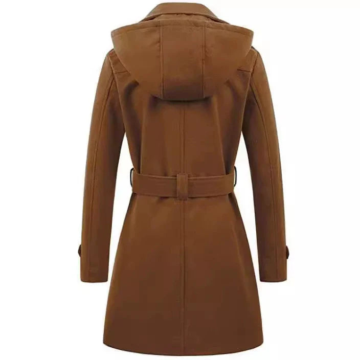 Women’s Coat – Tailored Fit – Belted Waist – Wool Blend – Hooded – Double-Breasted