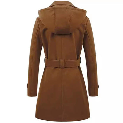 Women’s Coat – Tailored Fit – Belted Waist – Wool Blend – Hooded – Double-Breasted